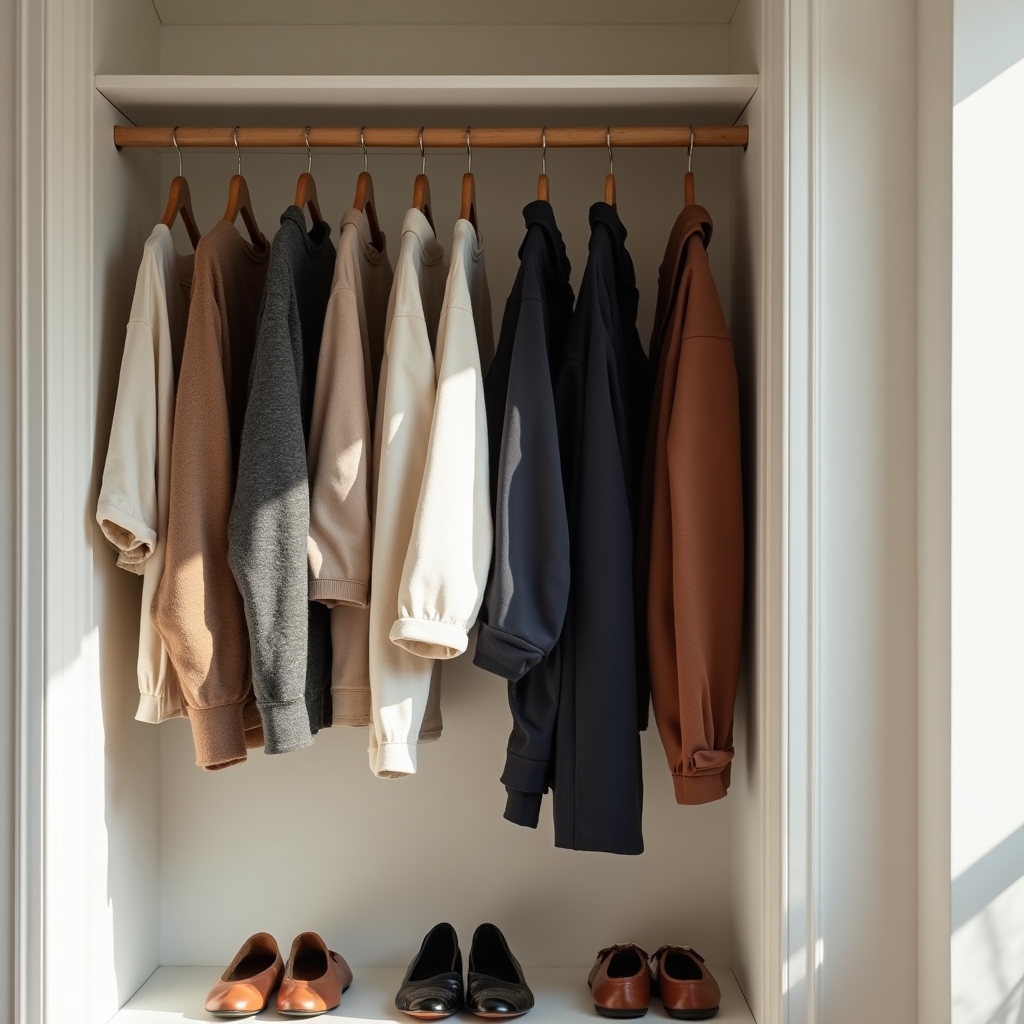 Neatly organized minimal wardrobe with neutral-toned clothing on wooden hangers in a bright room