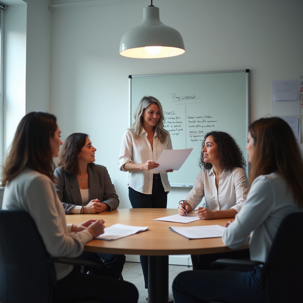 Small group of professionals in a consulting session around a round table in a bright modern meeting room