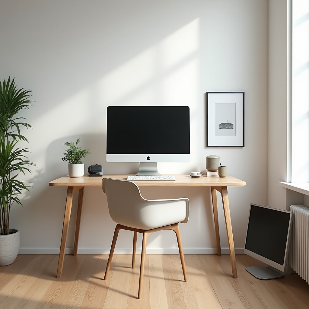 Clean home office desk setup with monitor, plants and natural lighting from a side window