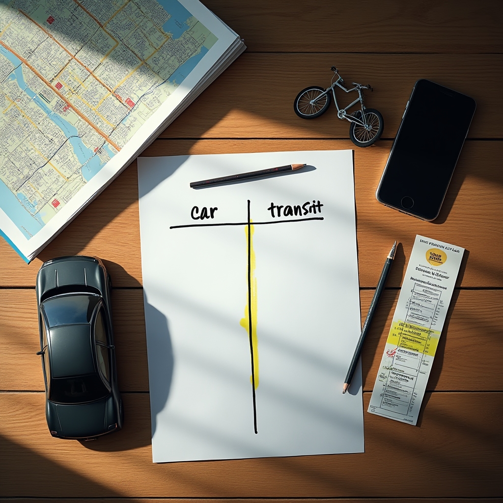 Person analyzing transport costs with a map and budget notes on a wooden desk